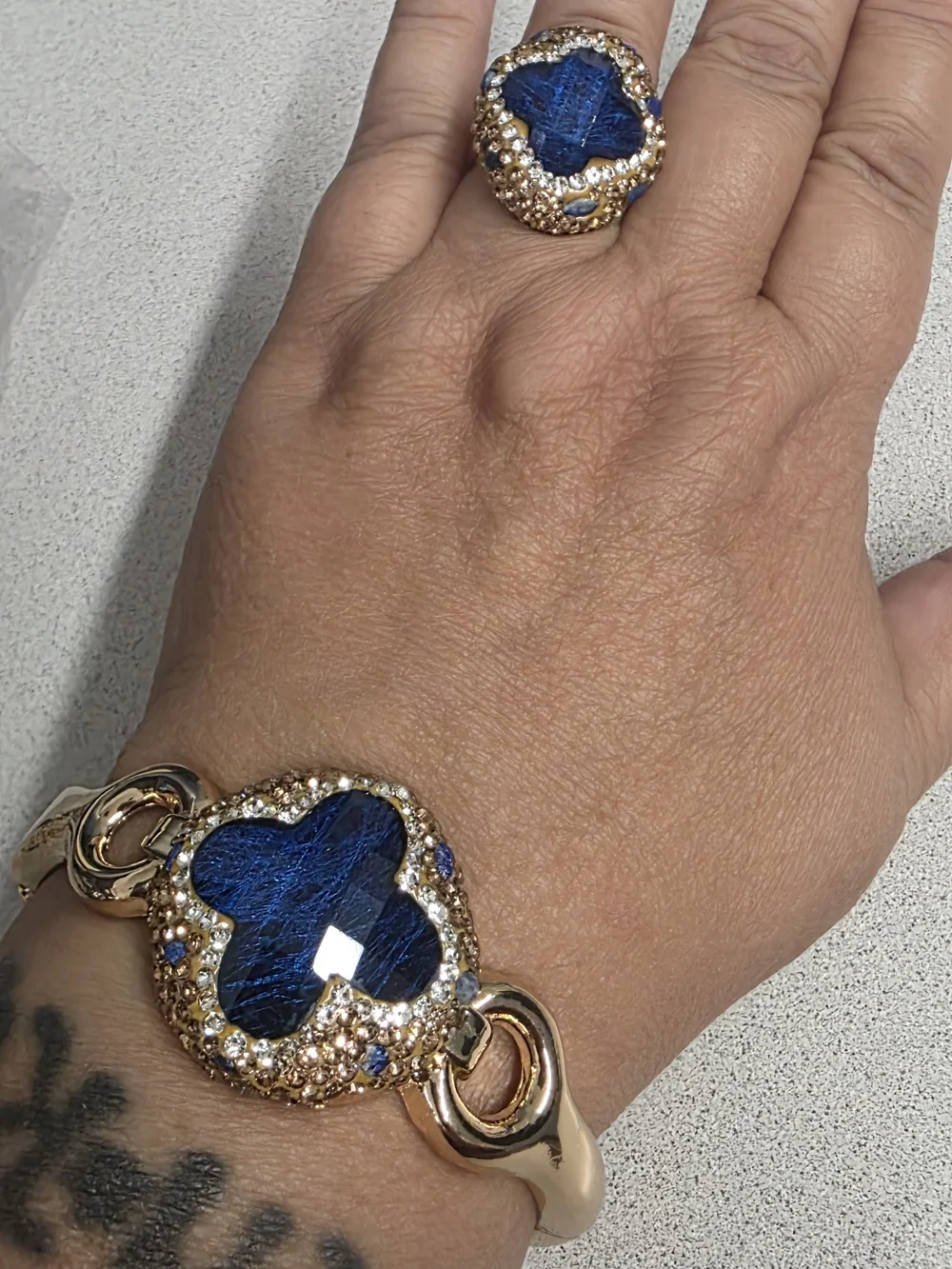 14k Gold Plated Bracelet and Ring Set with Real Natural Blue Stone Accents